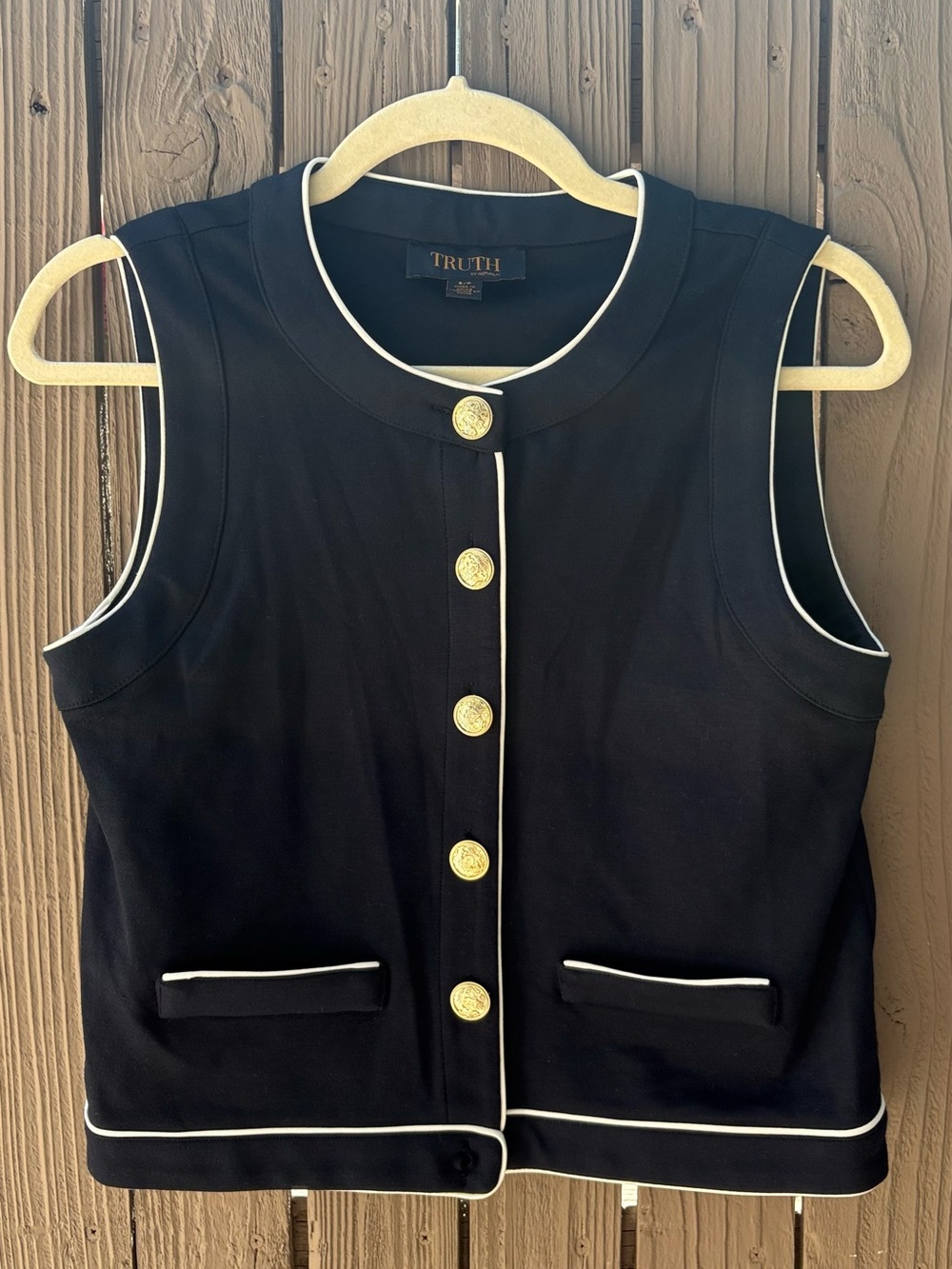 Truth Black Sleeveless Button-Front Shell with White Piping and Gold Buttons
